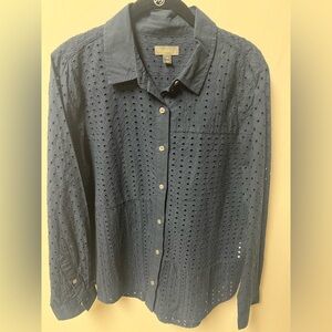 STYLE & CO NAVY BLUE SIZE PXL COTTON  EYELET FRONT & BACK LONG SLEEVE BLOUSE